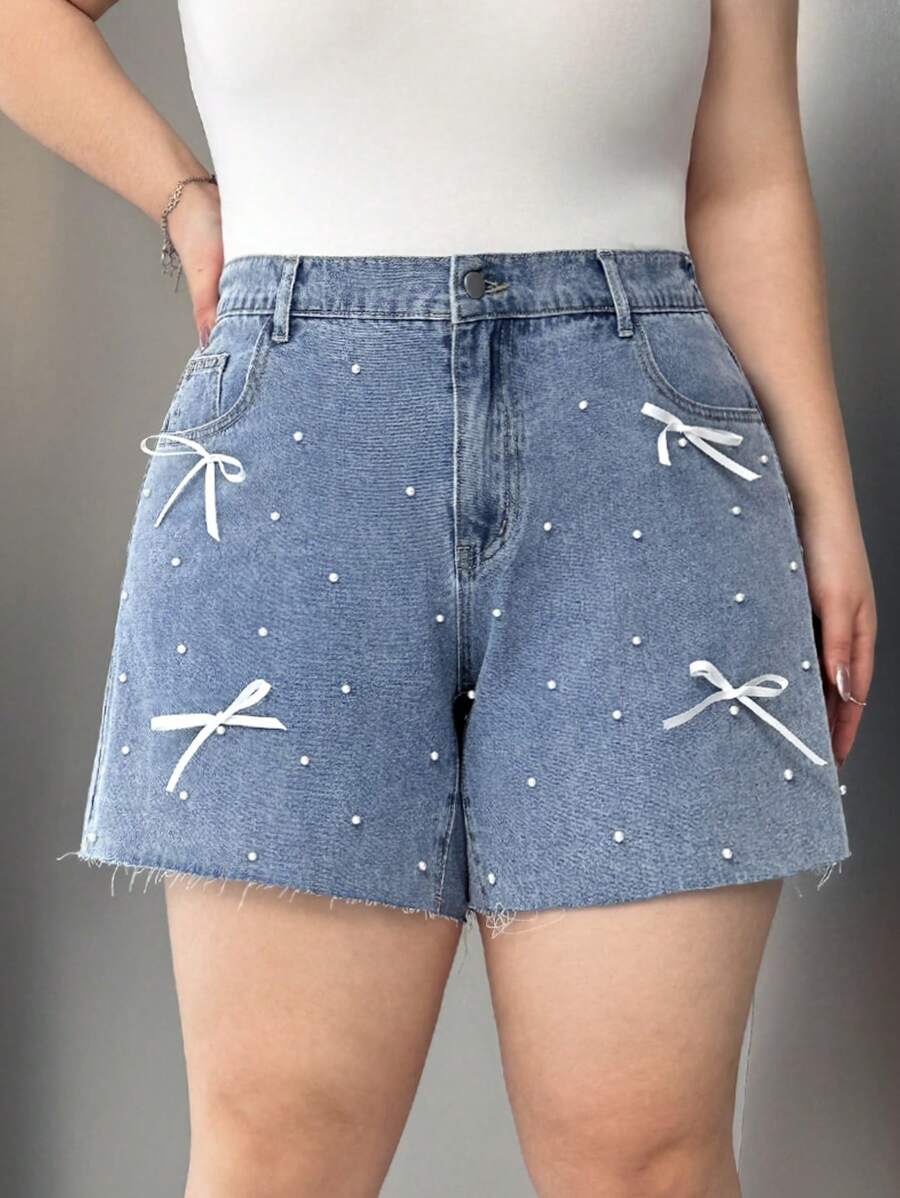 SHEIN EZwear Shorts de mezclilla lavada de talla grande con lazo y decoración de perlas