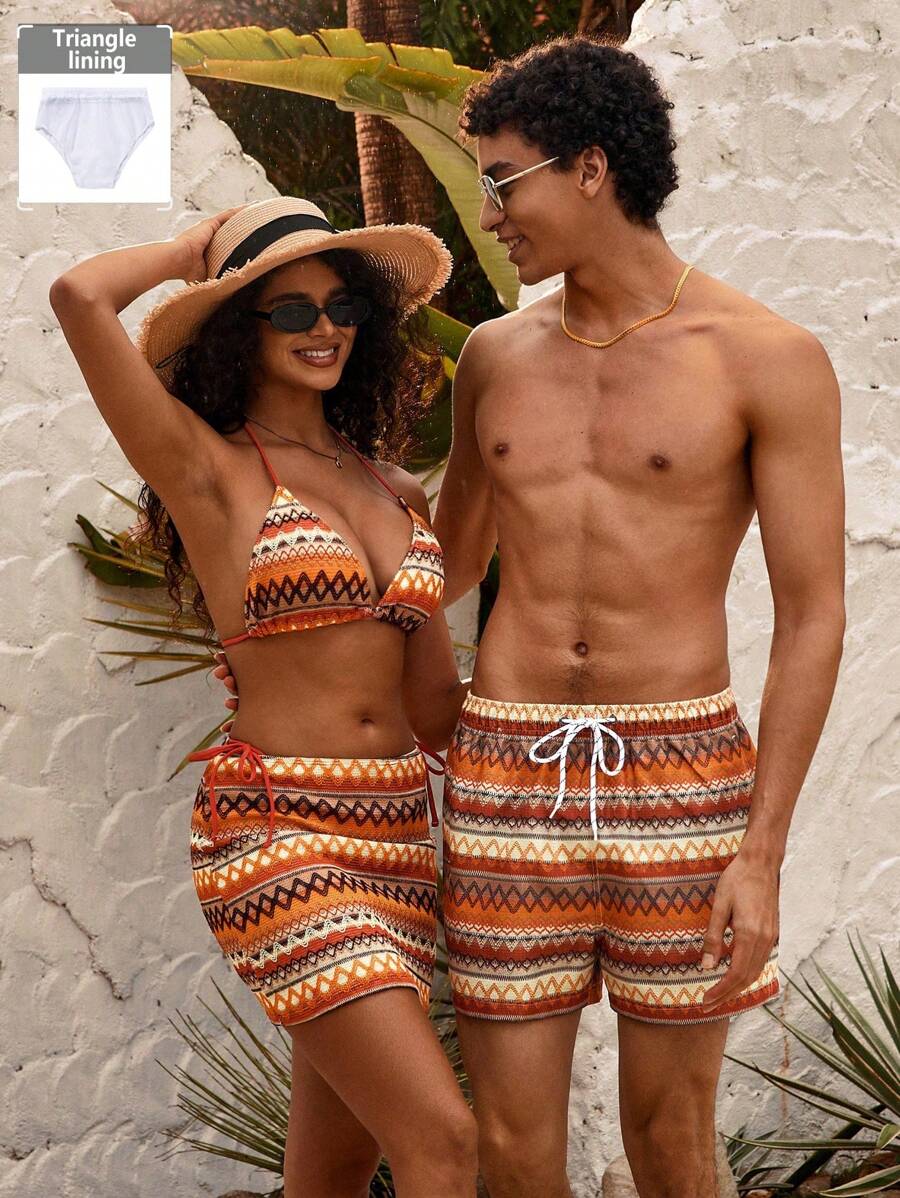 Manfinity VDAYZ Men's Beach Shorts Couples Matching Swimwear Drawstring Waist Front Tie Pocket Geometric Print Beach Vacation Hawaiian
