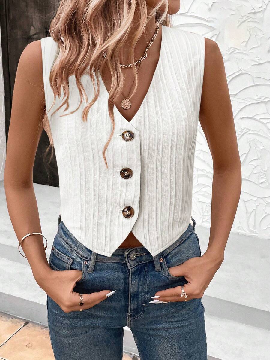 SHEIN LUNE Blusa elegante casual para oficina con escote en V, botones y bajo asimétrico, de tela con textura de onda, para mujeres