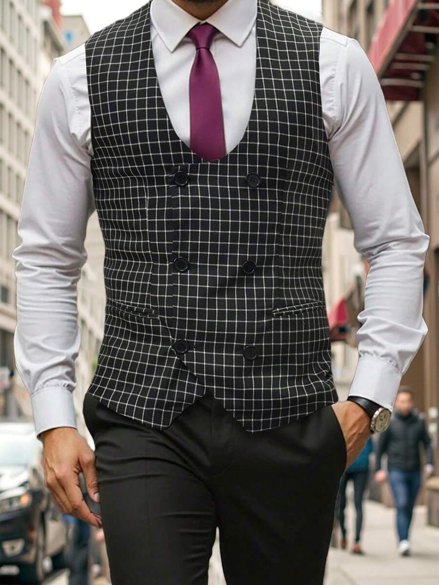 Manfinity Mode Chaleco sin mangas casual con botones y estampado de cuadros para hombres de Manfinity Mode, para uso diario, regalo para novios