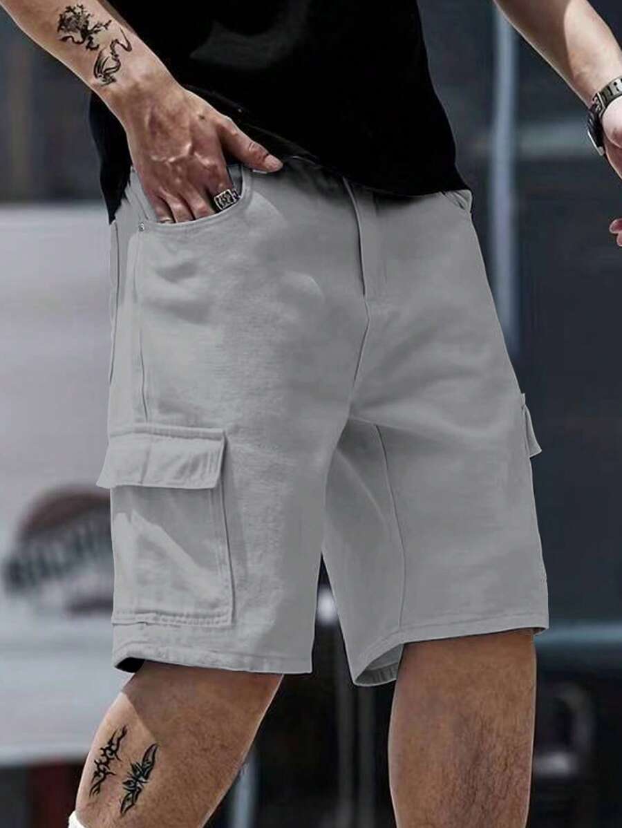 Manfinity Homme Pantaloni casual con tasche multiple per uomo, colore unito e design minimalista, adatti per l'estate. Pantaloni cargo, pantaloncini cargo per uomo.