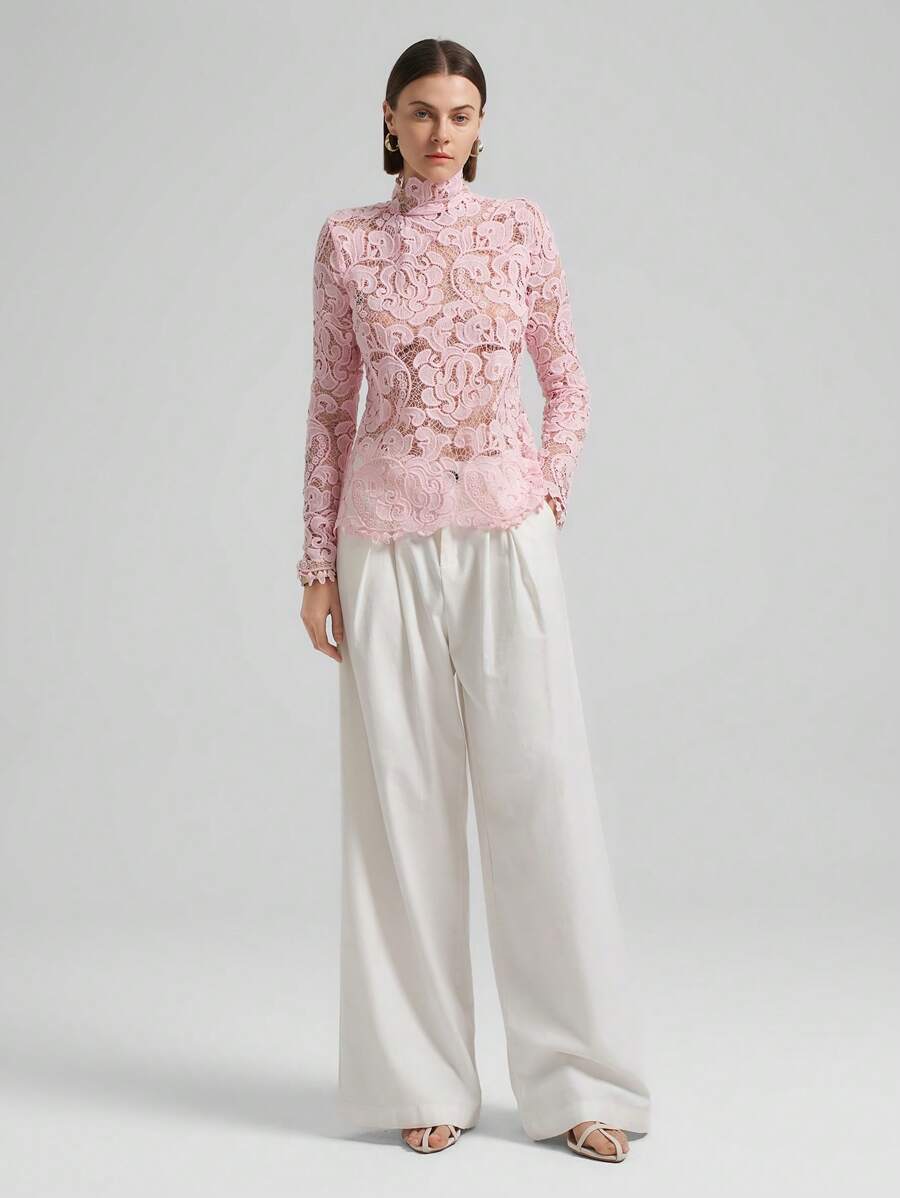 Ontre Women Elegant High Collar Lace Material Blouse Shirt Top, Sakura Pink