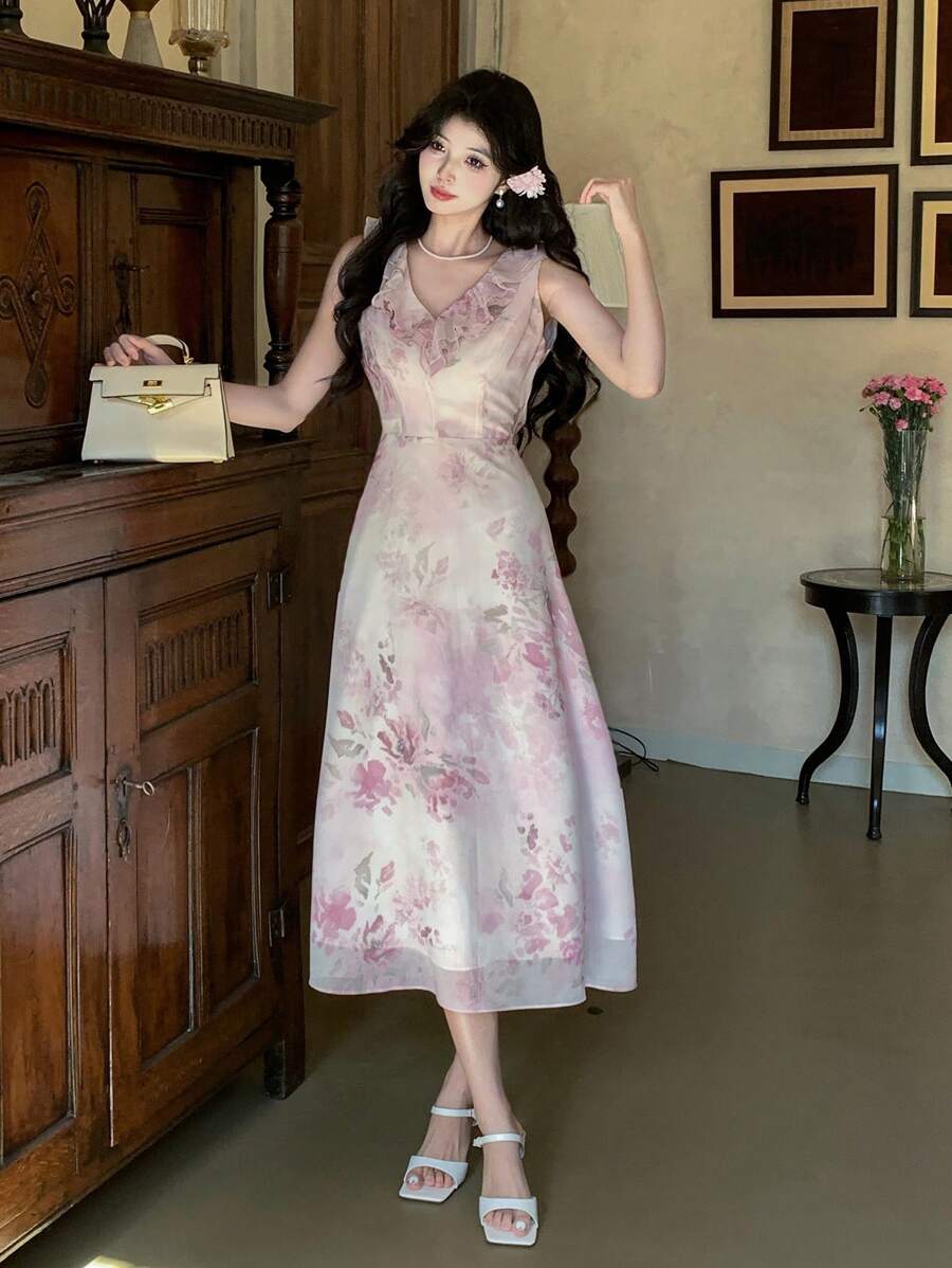 DAZY Mid-Length Floral Ruffle Slit Women Dress Prom Dress Sundress