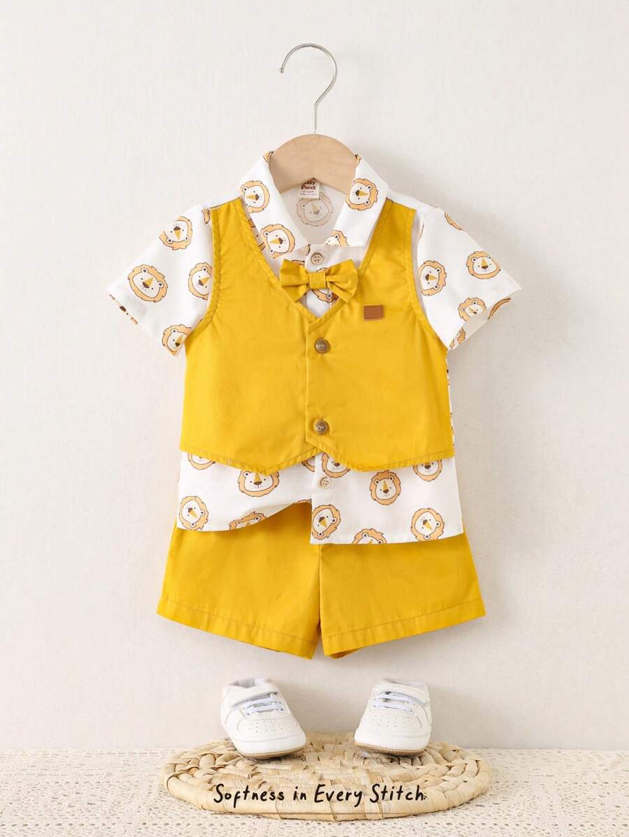 Cozy Pixies 2pcs Baby Boy Contrast Color 2 In 1 Shirt Collar Short Sleeve Top And Elastic Waist Shorts Set
