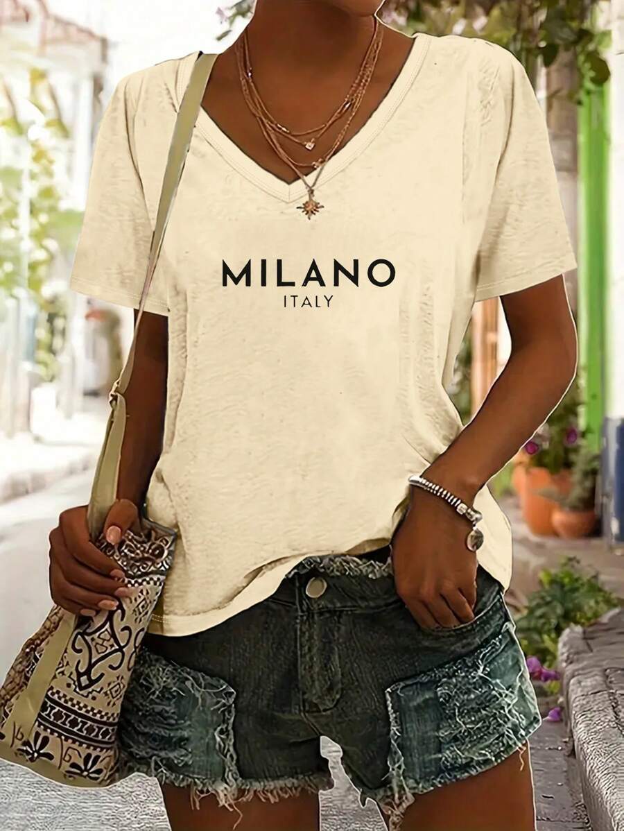 T-shirt simple à manches courtes col V imprimé lettres, décontracté pour femmes