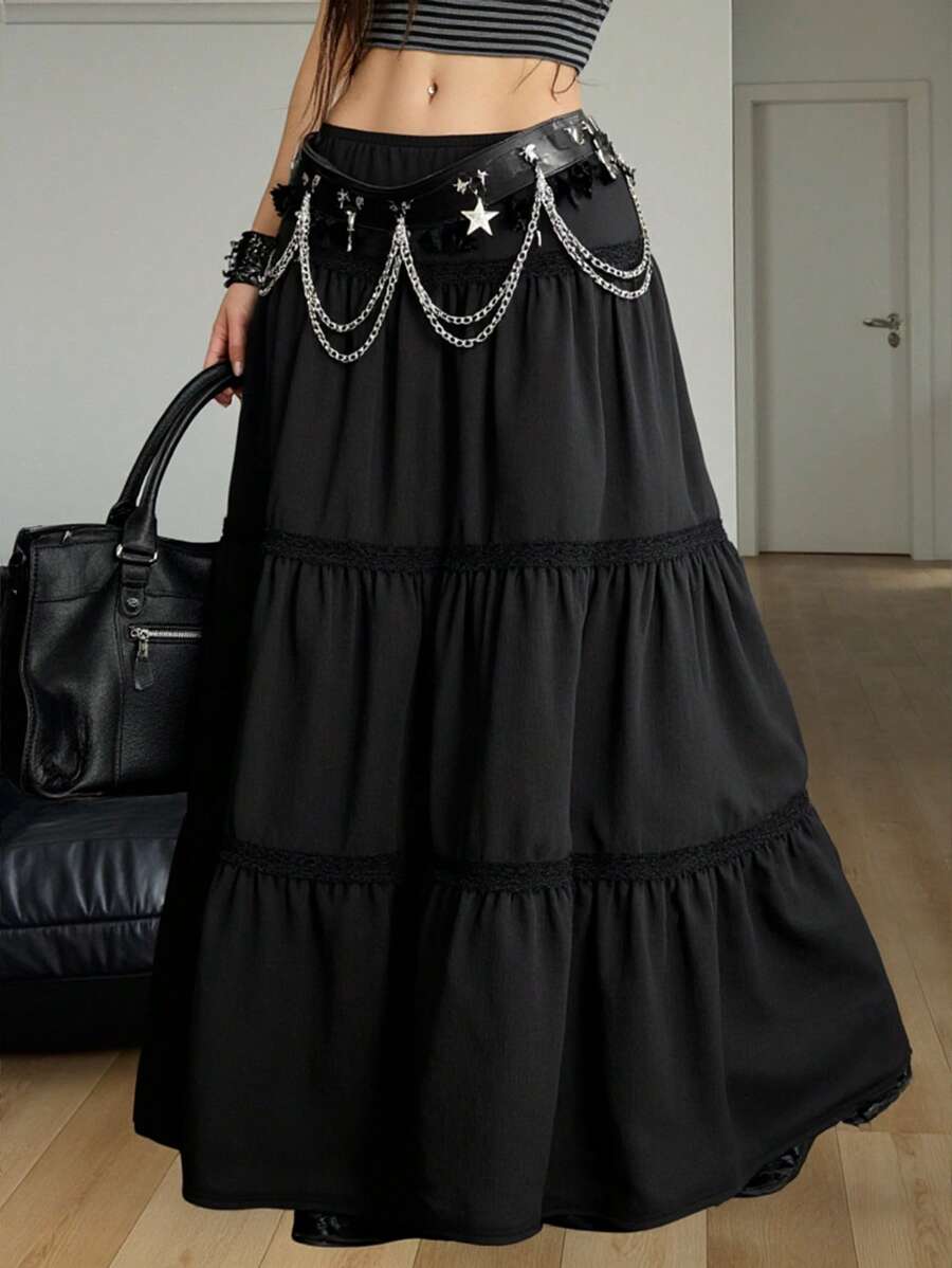 SHEIN EZwear Women's Spring And Summer Country Festival Outfits Vintage Ruffle Lace Maxi Skirt