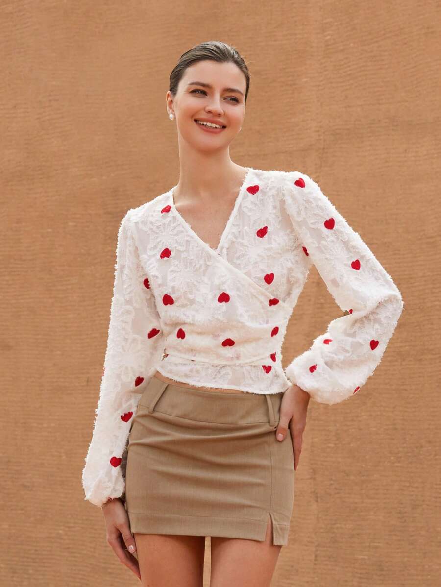 Aveloria Rosie Elegant Textured Fringed Color Blocking Heart Embroidered V-Neck Wrap Tie Front Long Sleeve Cinched Waist Women Blouse Boho Vacation FashionableStyle All Over Print
