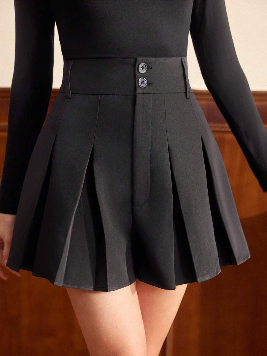 Vintamour Retro Elegant Women's Pleated Buttoned Shorts, Figure-Flattering, Black, Spring/Summer Summer Outfits For Women Shorts For Women Business Casual Woman Skort Office Outfits For Women Work Clothes Women Brunch Outfits For Women Old Money Style Women High Waisted Shorts Tropical Vacation Woman Clothes Skort Festival Outfits For Women Skorts For Women 1960s Outfit