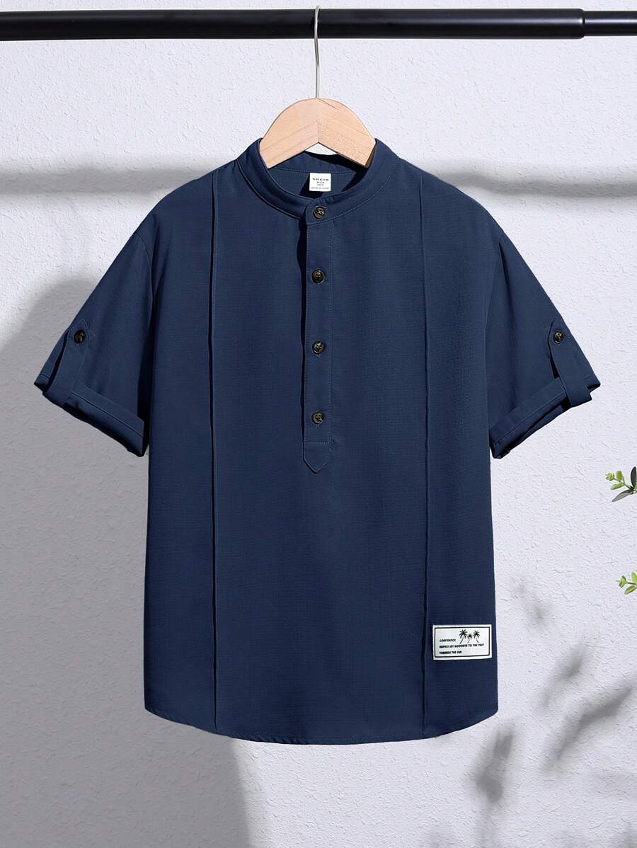 SHEIN Tween Boy Casual Férias Cor Sólida Meio Zíper Pulôver Camisa Tecida