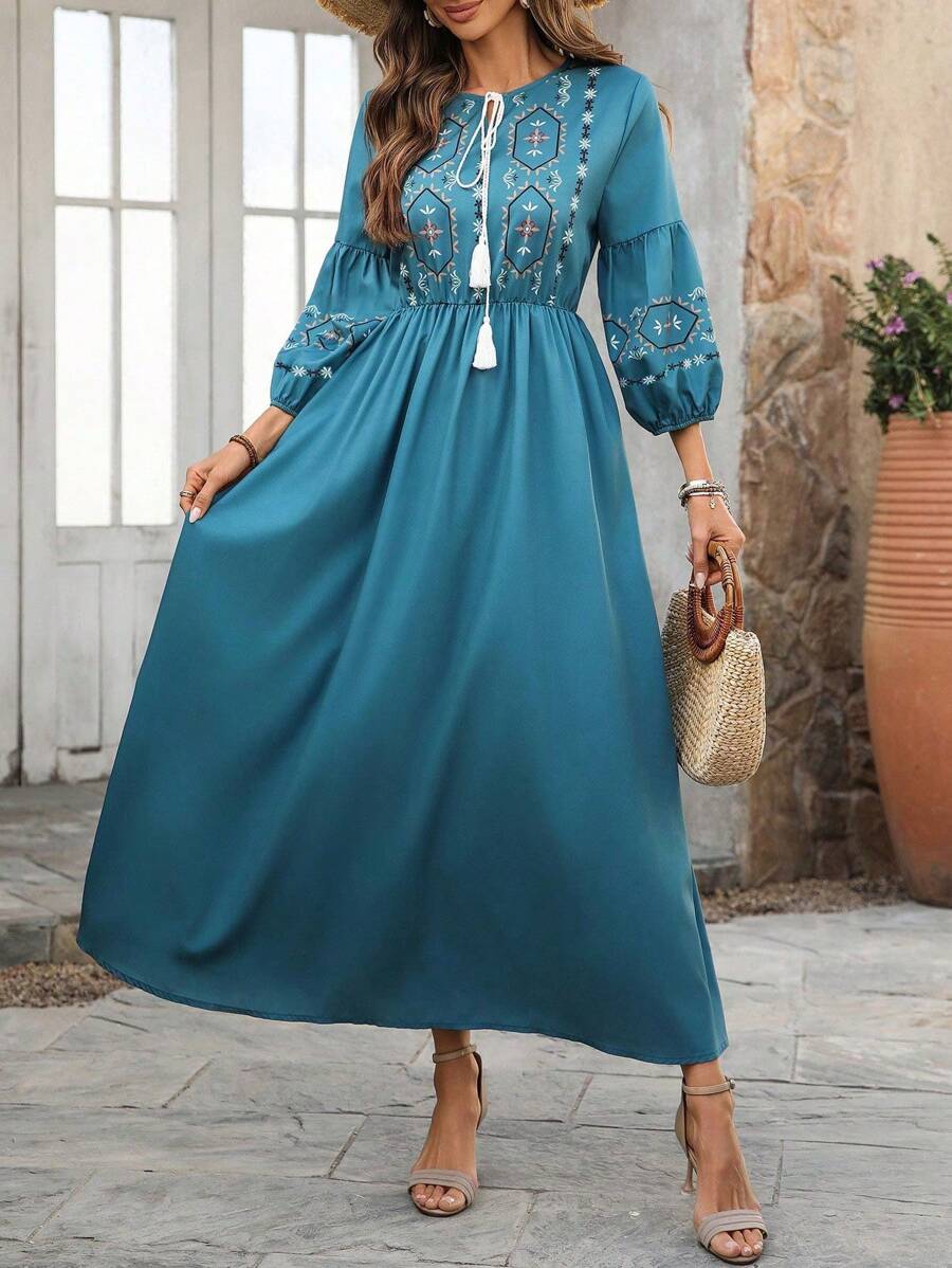 EMERY ROSE Women's Solid Color Lace-Up Front Long Sleeve Casual Long Dress