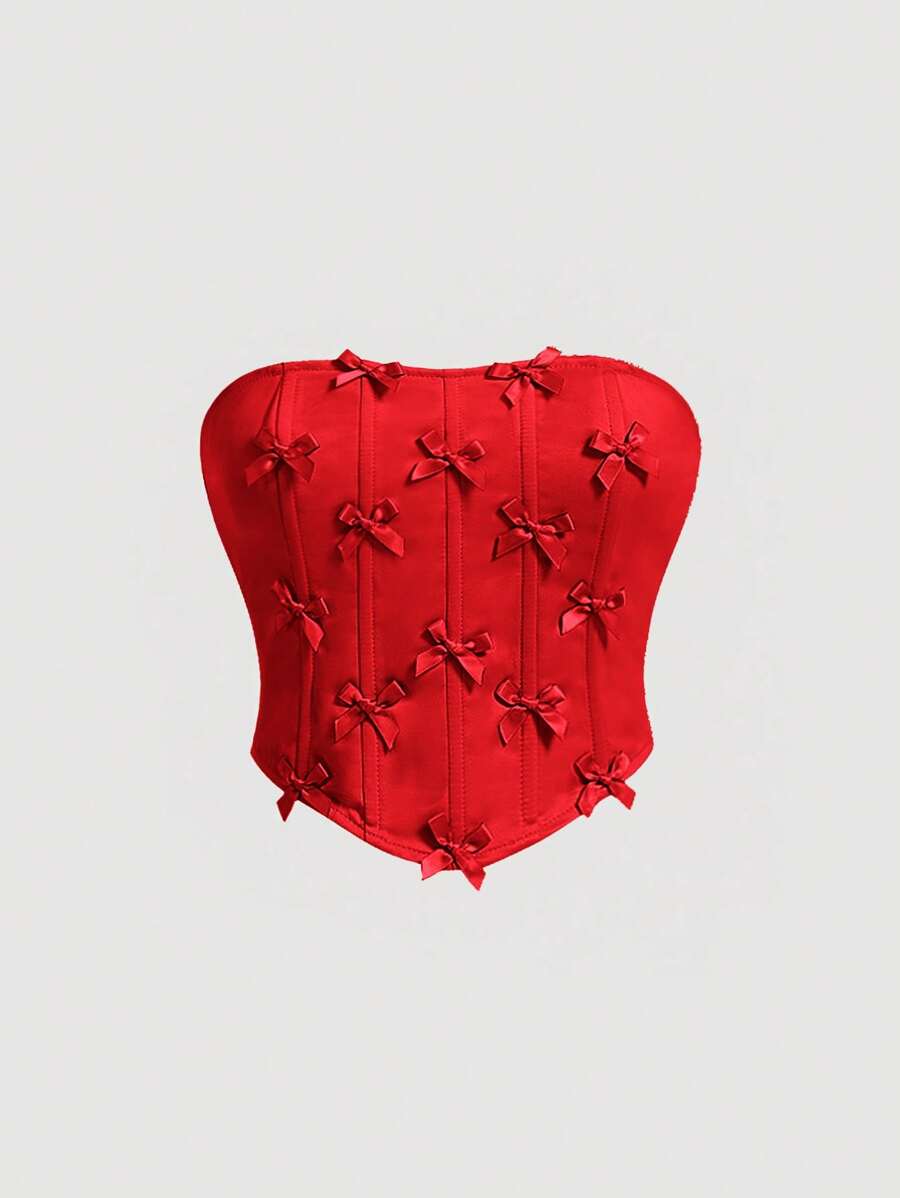 SHEIN MOD Cute Red Bow & Fish Bone Hem Design Plus Size Blouse For Women