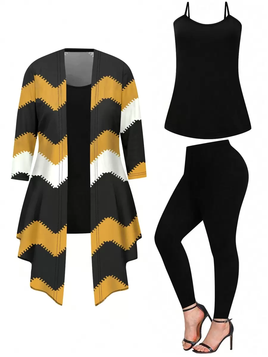 3pcs Set Spring Retro Color Blocking Wave Pattern Coat & Solid Color Cami Top & Casual Pants Combo