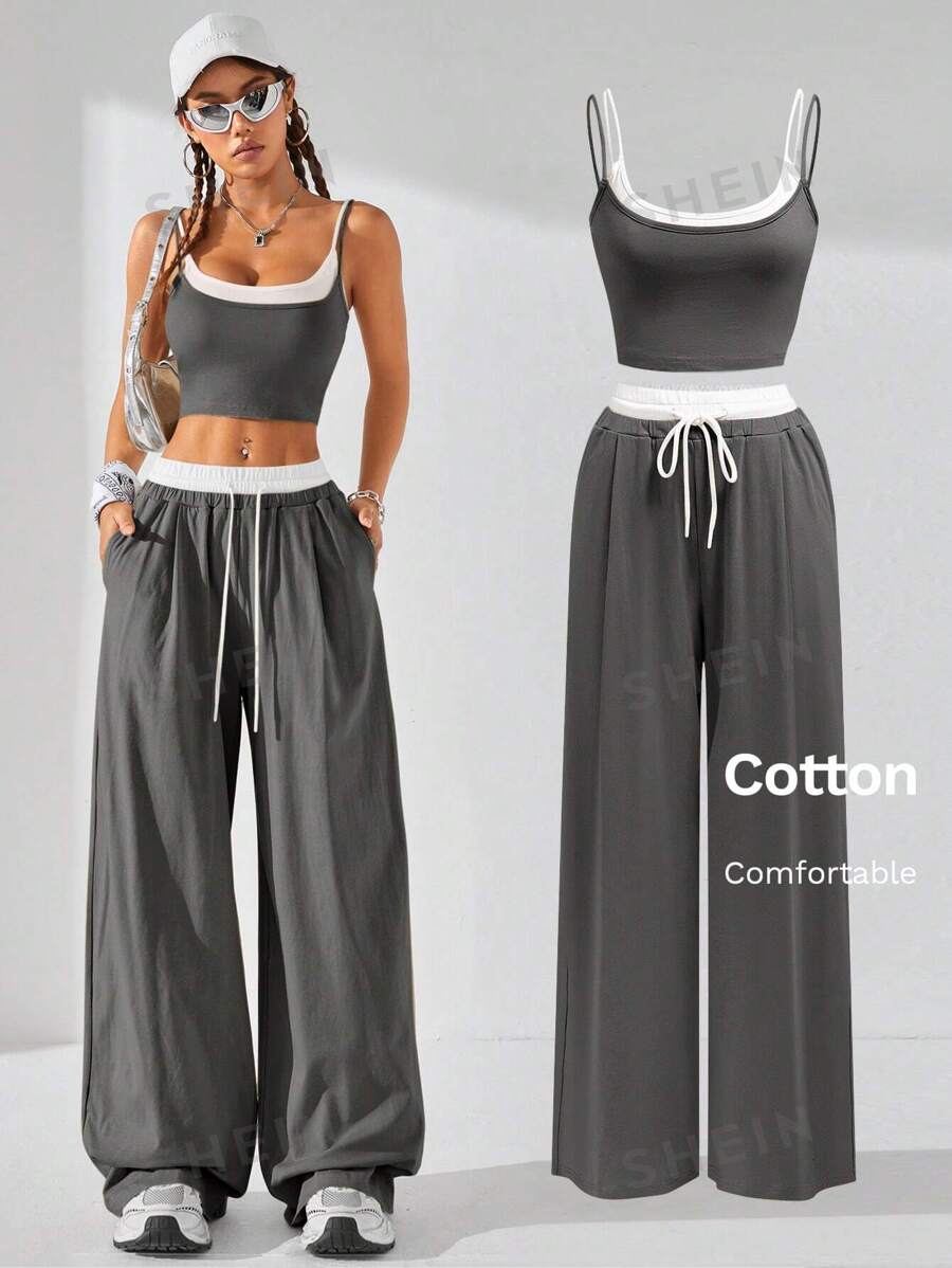 Coolane Conjunto de 2 piezas de moda para mujer, top y pantalones de 2 en 1 con empalmes de color contrastante, apropiado para usar de manera informal en primavera y verano