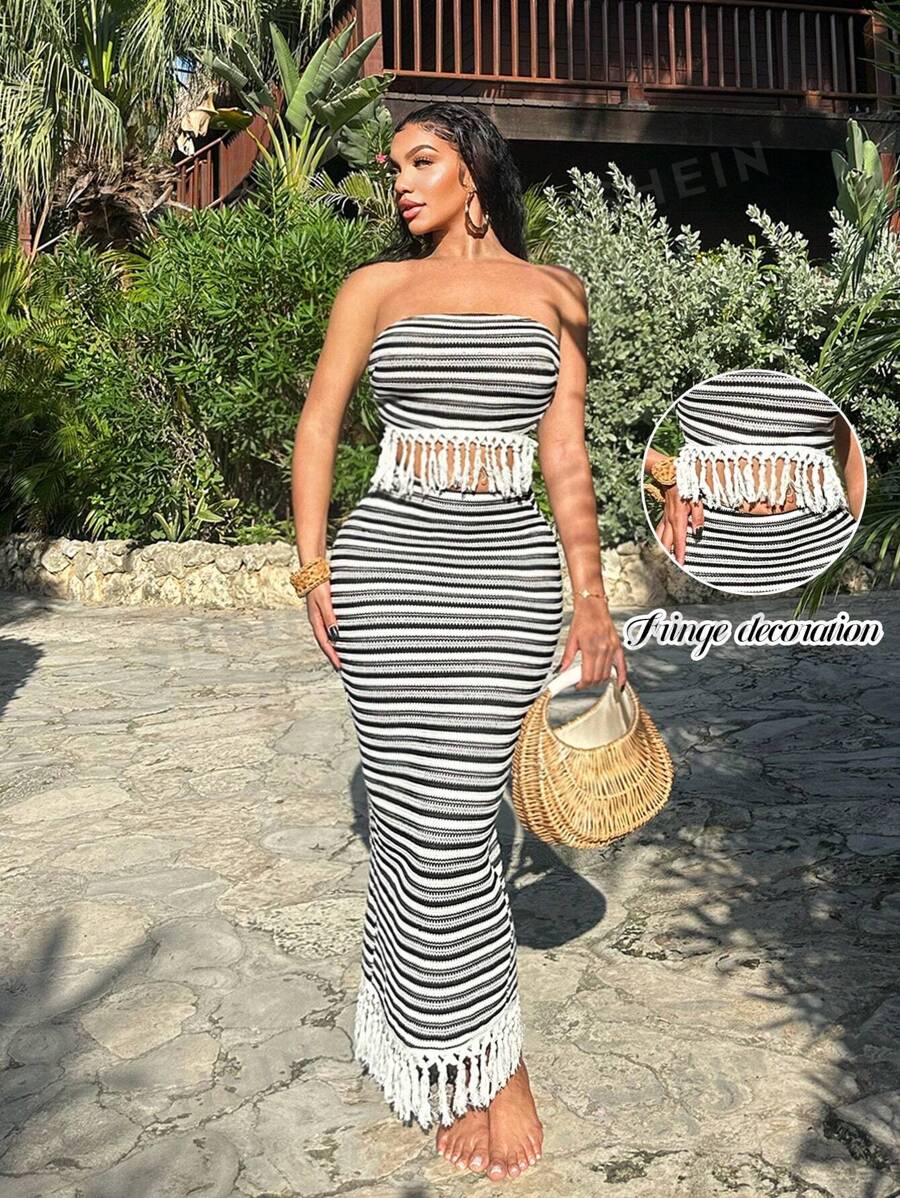 SHEIN SXY Conjunto de 2 piezas con top bandeau y falda con flecos, minimalista, para primavera, playa, estilo bohemio, verano, vacaciones, ropa de mujer, conjunto de 2 piezas, blanco y negro, tubo, sexy
