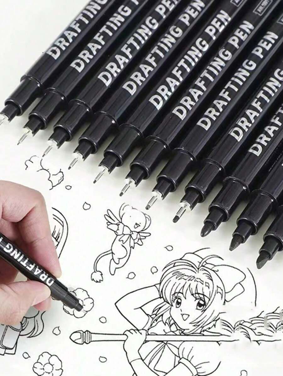 SHEIN 6pcs/9pcs/12pcs Waterproof Quick-Drying Technical Drawing Pens Set For Sketching, Cartooning, Graphic Design And Handwriting