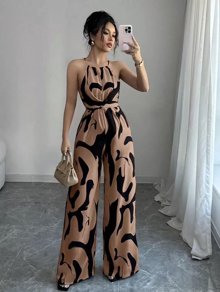 Elenzga Mono con cintura entallada de tela estampada para mujer, elegante para vacaciones y uso diario con cuello de halter