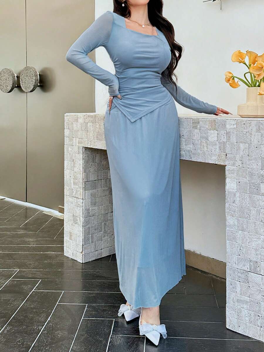 Modelyn 2pcs Set: Mesh Ruffle Asymmetrical Hem Cinched Waist Skirt