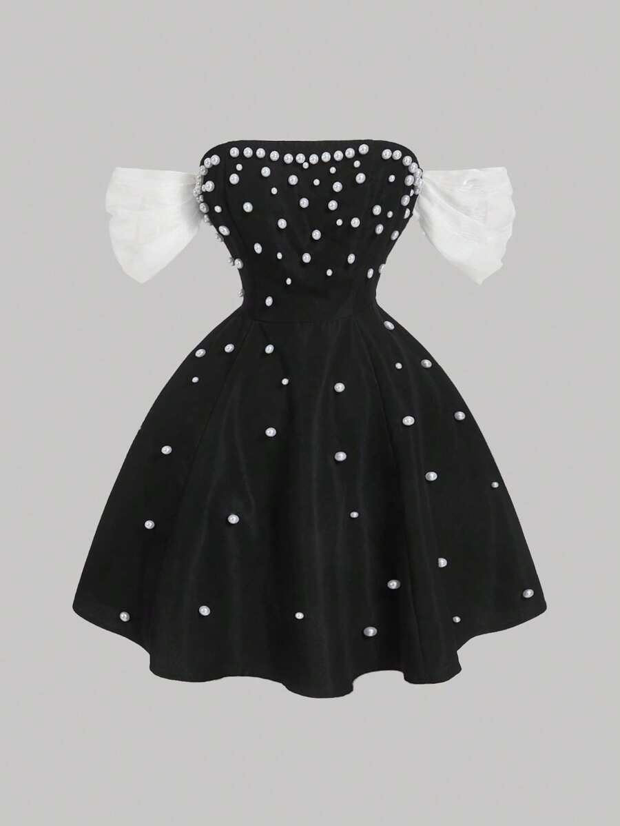 SHEIN MOD Black & White Color Block Off Shoulder Pearl Embellished Dress, Suitable For Dates, Parties, Festivals, Brunch Outfits, Birthday Occasions,Summer Outfits For Women,Easter,Rave Outfits Festival,Concert Outfit Women,Brunch Outfits For Women,Prom Dress,Wedding Guest Dress Women,Business Casual Woman,Y2k