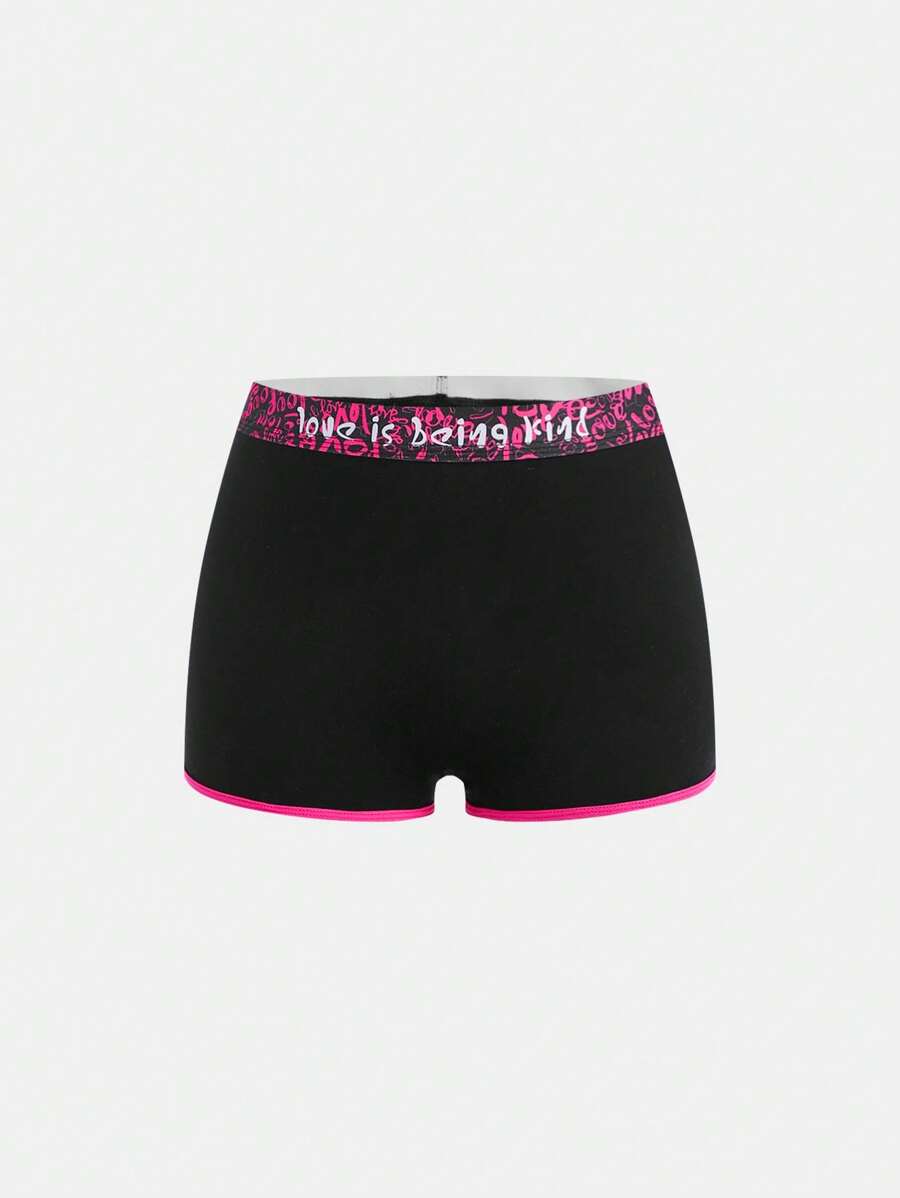 Pantalón corto de estar por casa suave y cómodo de mezcla de algodón, cintura elástica de color contrastante para adolescentes, negro y magenta, para uso diario
