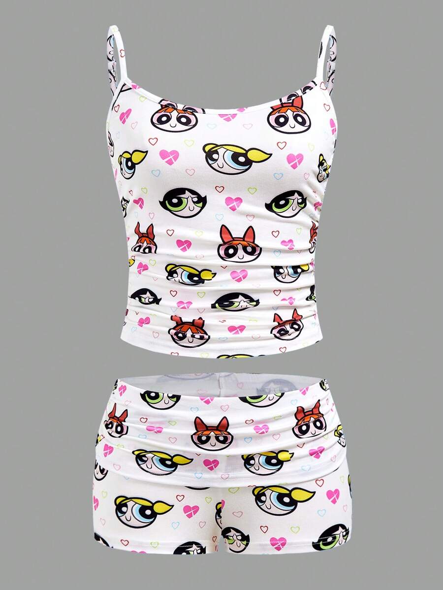 THE POWERPUFF GIRLS X SHEIN Women's Clothing, Camisole Top & Shorts Pajama Set, White, Buttercup, Bubbles, Blossom, PPG, Cartoon Pattern, Full Print Pattern, Heart Pattern, Y2K, Concert Outfit, Rave Outfits Festival, Country Concert Outfit, Cute, Sexy, Casual, 2025 Spring/Summer