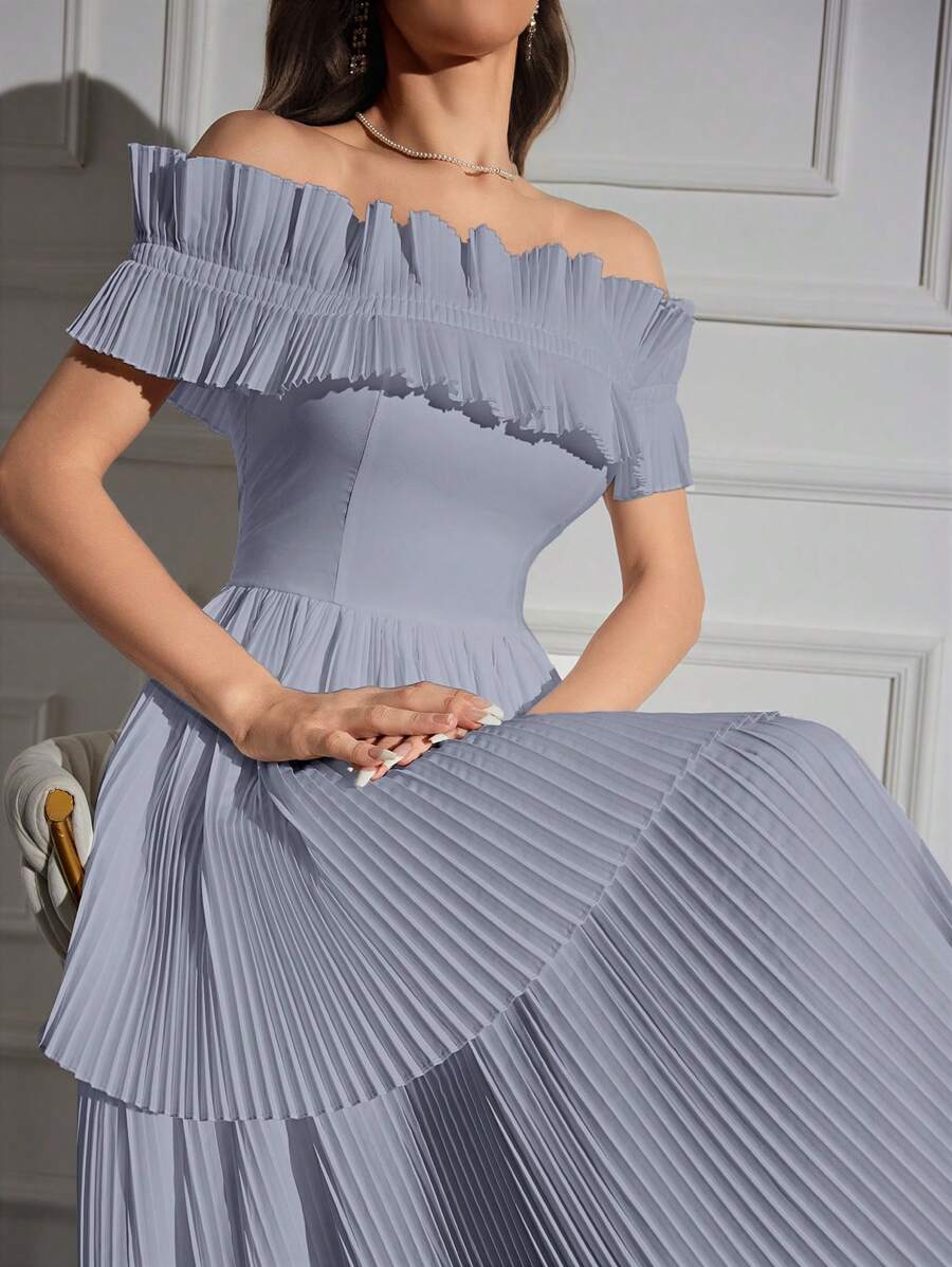 Modelyn Off Shoulder Ruffle Trim Pleated Hem Dress Long Evening Dresses