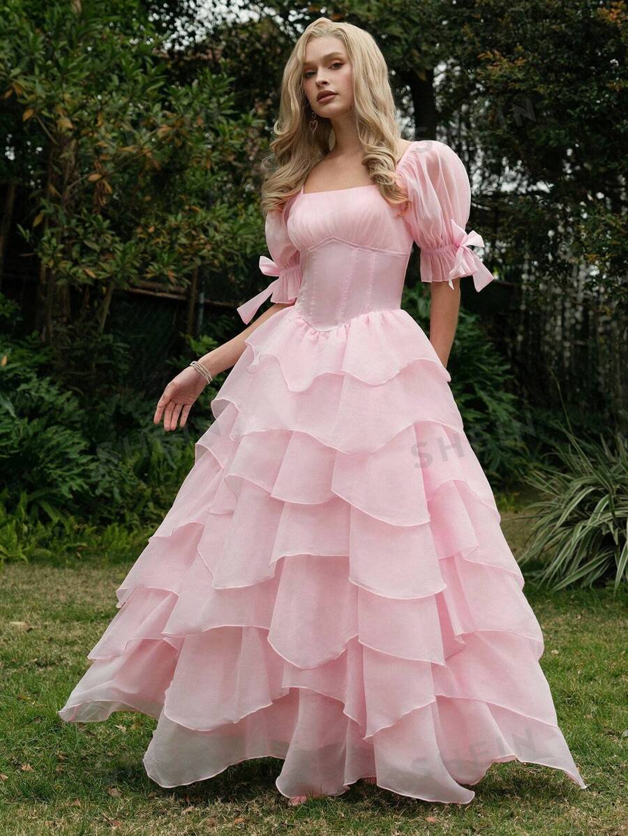 SHEIN MOD Vestido de organza con mangas abullonadas, múltiples capas de volantes y lazo, de unicolor elegante