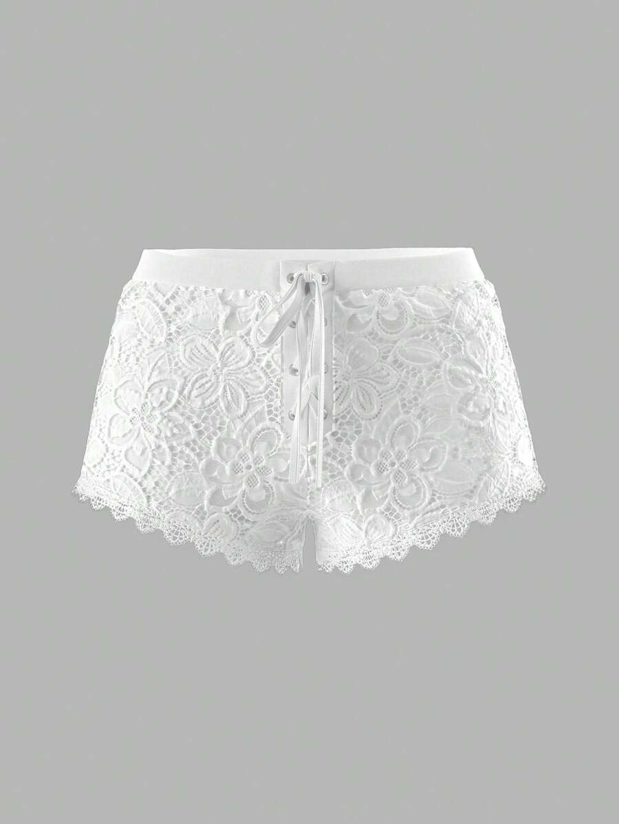 Sweetina Spring Summer Women Beach Going Out Cute White Lace Solid Color Low Waist Lace-Up Mini Shorts