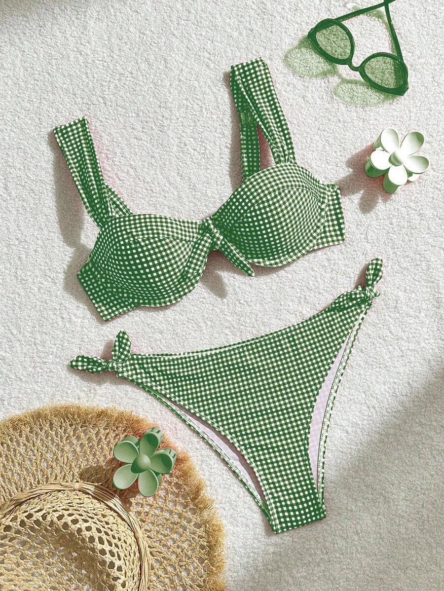 Swim Mod Women Summer Beach Plaid Sexy Bikini Two Pieces Swimwear Set SHEIN USA
