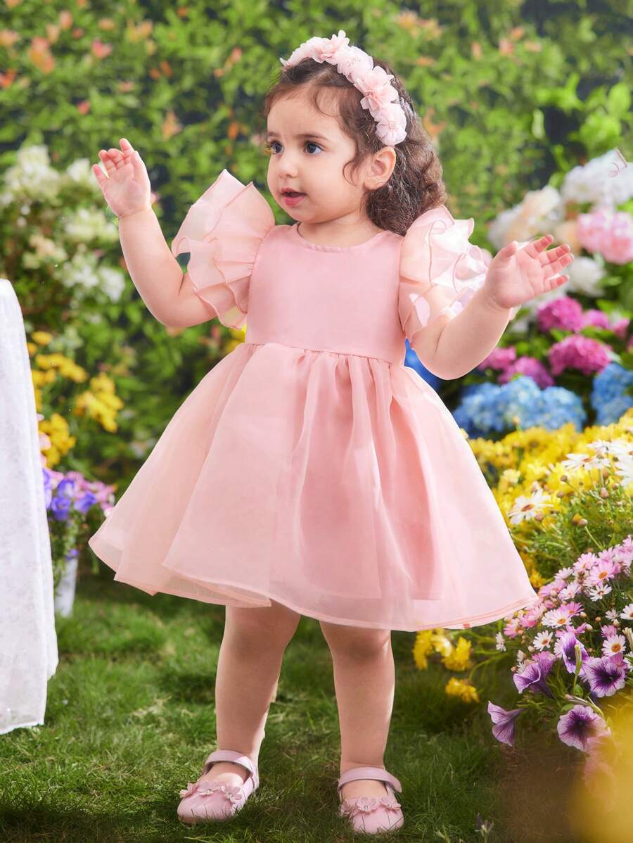 Baby Girl Cute & Elegant Peony Pink Organza Solid Color Ruffled Short Sleeve Dress/Garment