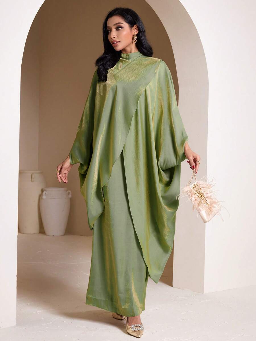 Veilorie Women's Elegant Metallic Sheen Batwing Sleeve Dress Modest Abaya For Women Kaftan Muslim Dress