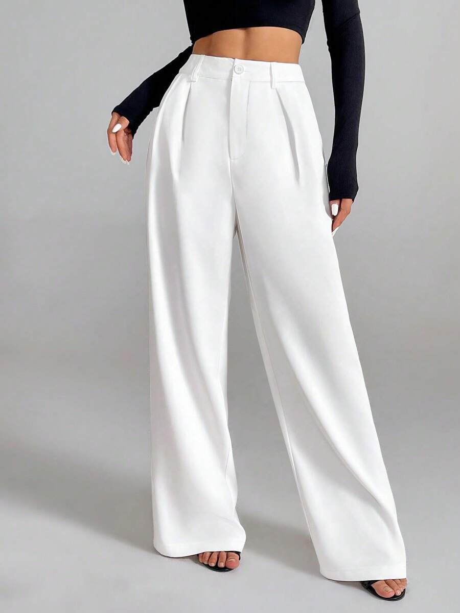 SHEIN PETITE Pantaloni casual/da ufficio bianchi con elegante stile francese per donna