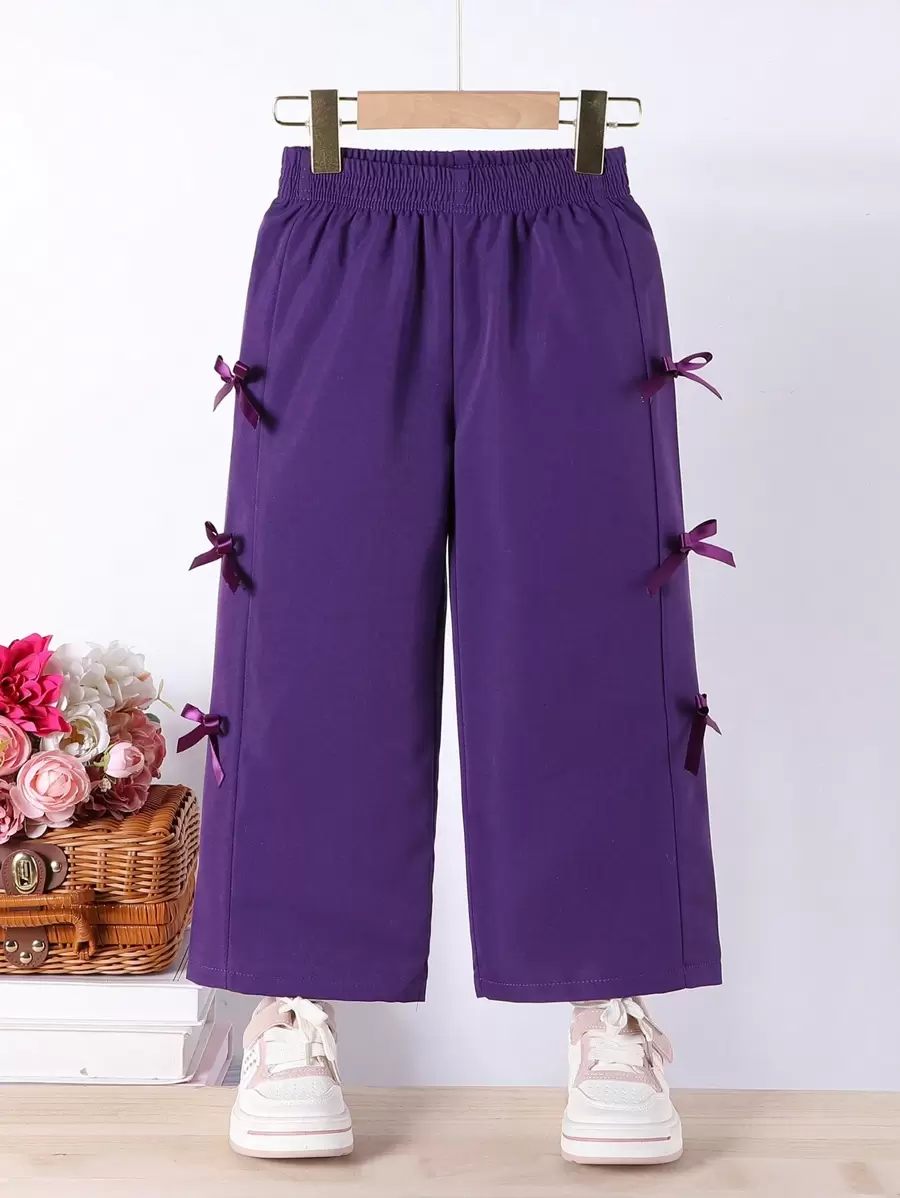 SHEIN Pantalones casuales deportivos de pierna ancha y cintura alta con lazo para niñas, pantalones de chándal livianos color rosa para primavera y verano