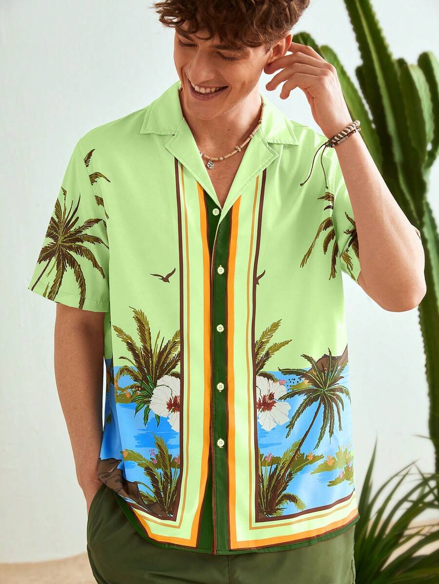 Manfinity VCAY Camisa casual de manga corta y corte holgado para hombre con estampado de árbol de coco