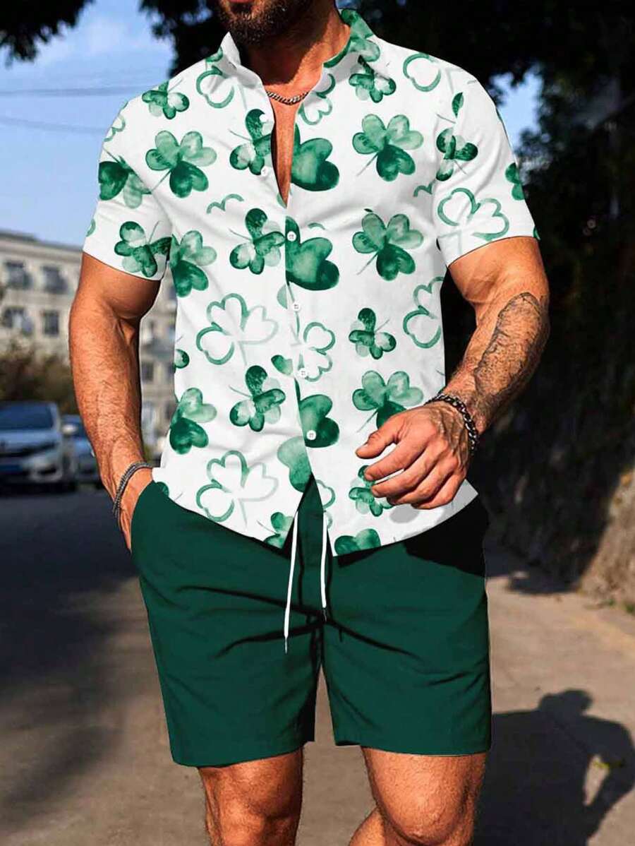 Manfinity Homme Heren Casual Clover Print Korte Mouw Enkelrijs Shirt En Shorts Set Voor Vakantie