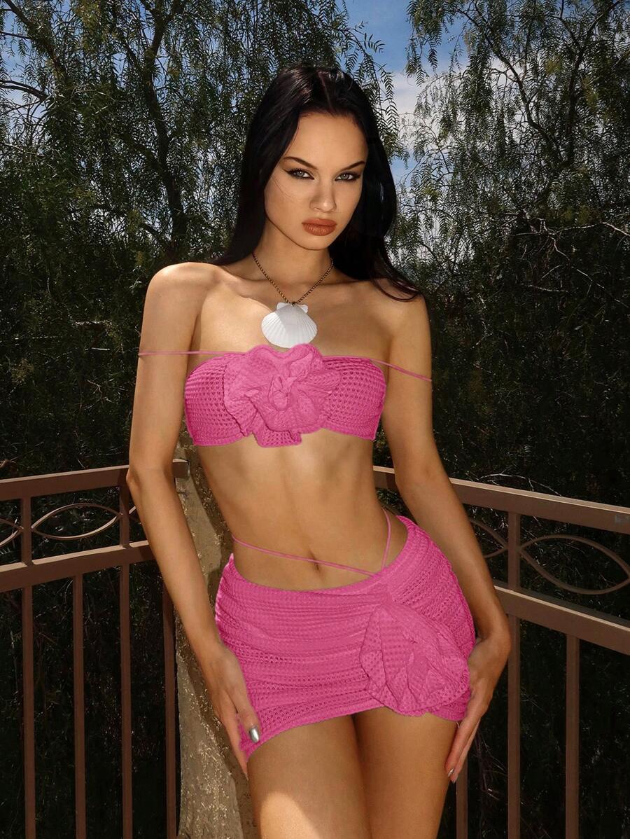 SHEIN ICON Conjunto de 2 piezas transparente con top bustier corto y minifalda con decoración floral en 3D
