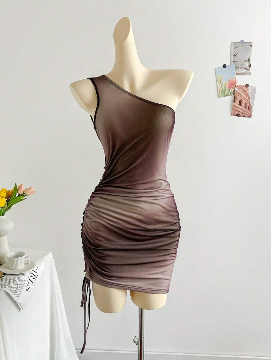 Soleia Vestido mini ajustado con cordón, plisado y efecto tie-dye vintage para mujer, favorecedor para fiestas, citas y el Día de San Valentín