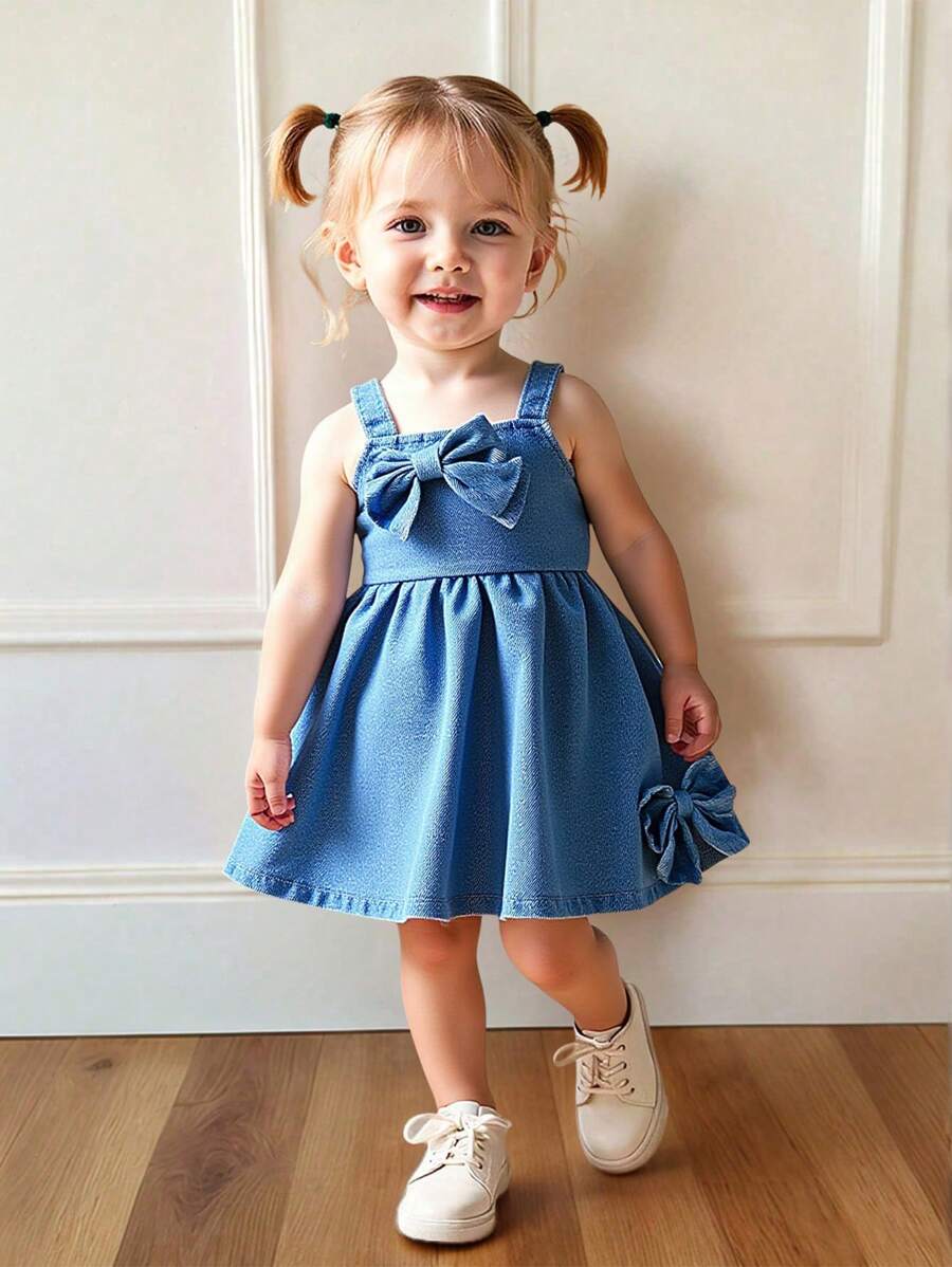 Souflis Souflis Baby Girls Casual Fashion Denim Bow Decor Sweet Strap Dress, Suitable For Summer Outdoor Party