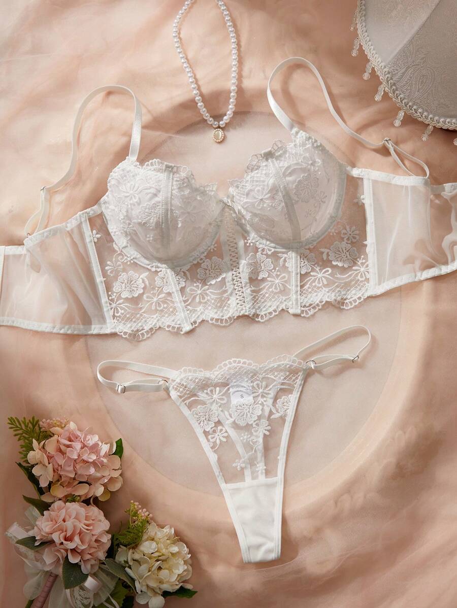 Set de 2 piezas de lencería romántica de estilo largo de color blanco con sujetador y panty para mujer