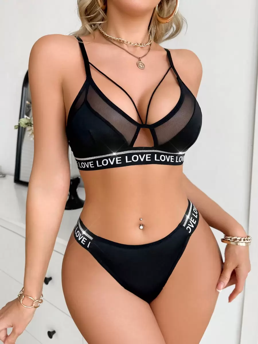 EasyFave Conjunto de lencería con malla y ribete con letras (Sujetador y Bragas) para mujer