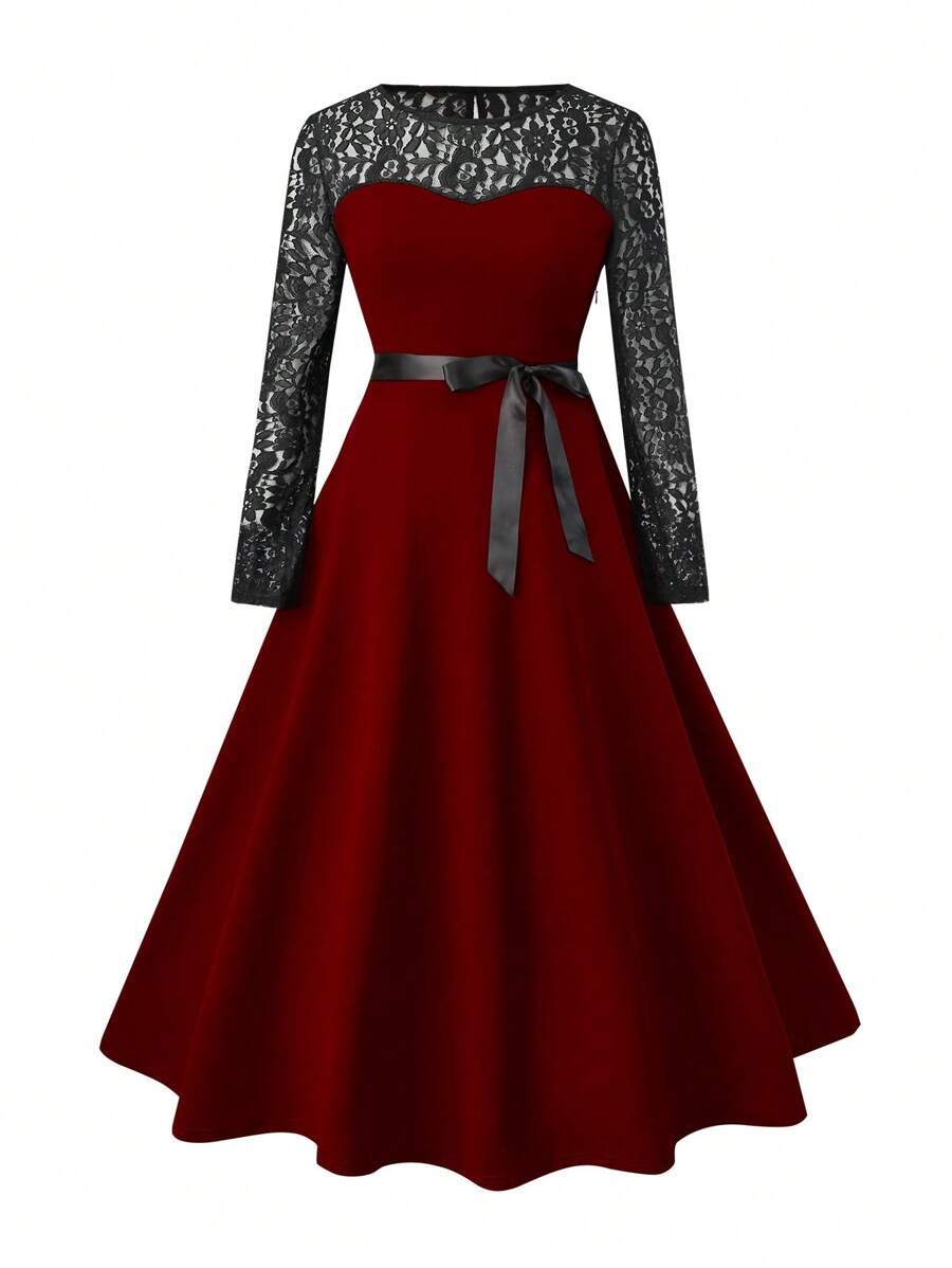 SHEIN Clasi Vintage Lace Patchwork Flare Party Dress, New Sexy Retro Long Sleeve Lace Splicing Flare Dress, Round Neck Long Sleeve Solid Color Flare Lace-Up Waist Dress, Red Dress