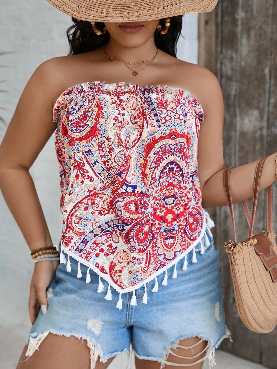 SHEIN VCAY Plus Paisley Print Tassel Trim Bandana Hem Tube Summer Top, Letnie Stroje Dla Kobiet