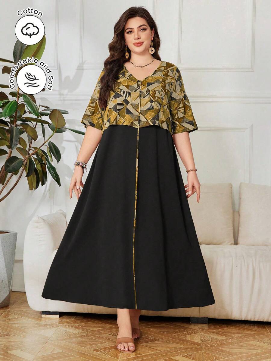 SHEIN Lacomfia V-Neck Geometric Digital Printing Patchwork Loose Retro & Generous Plus Size Arabian Dress