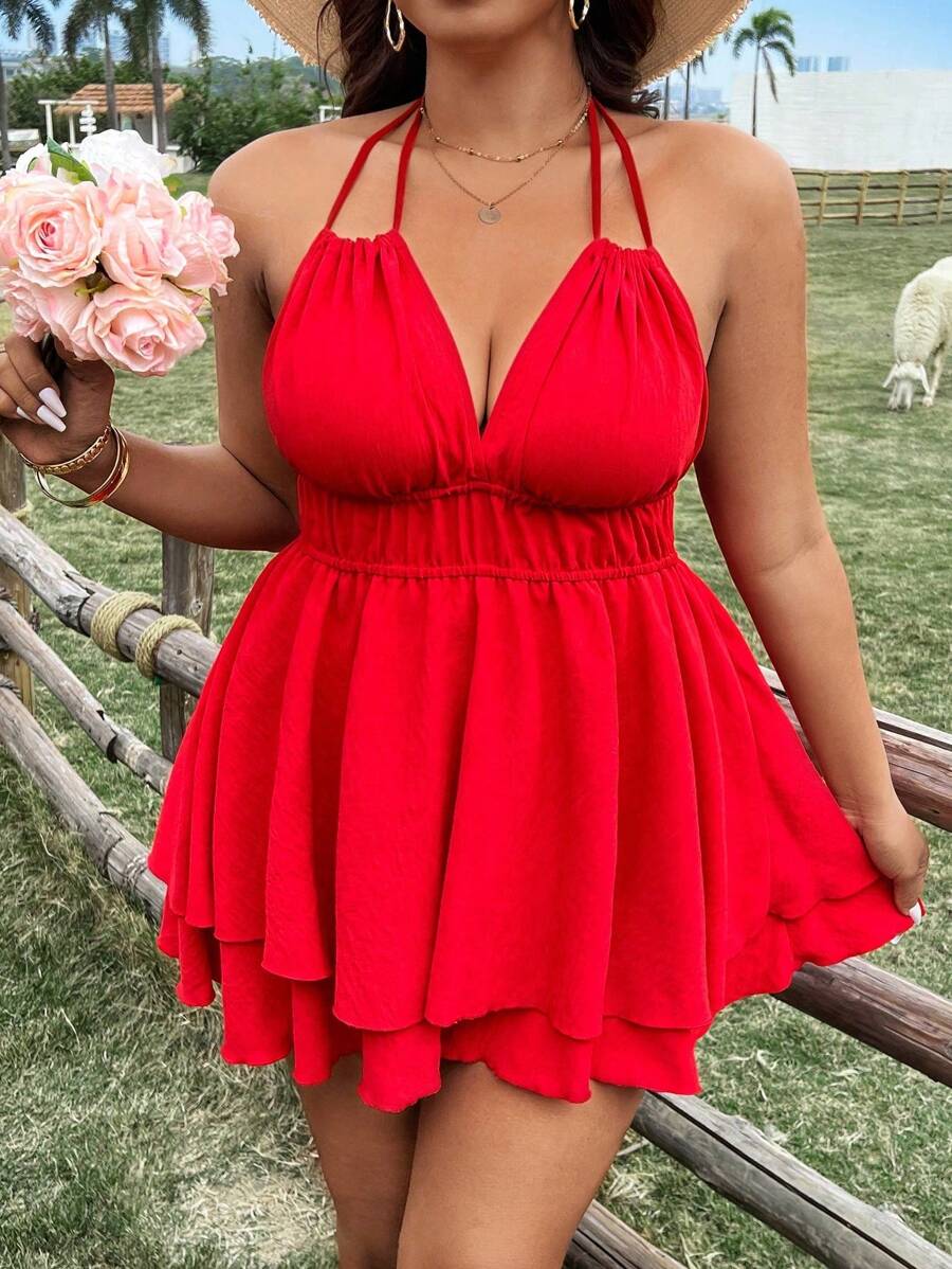 Sunnyshic Plus Size Boho Casual Vakantie Trekkoord Strik Taille A-lijn Dubbellaags Jumpsuit, Voor de Zomer