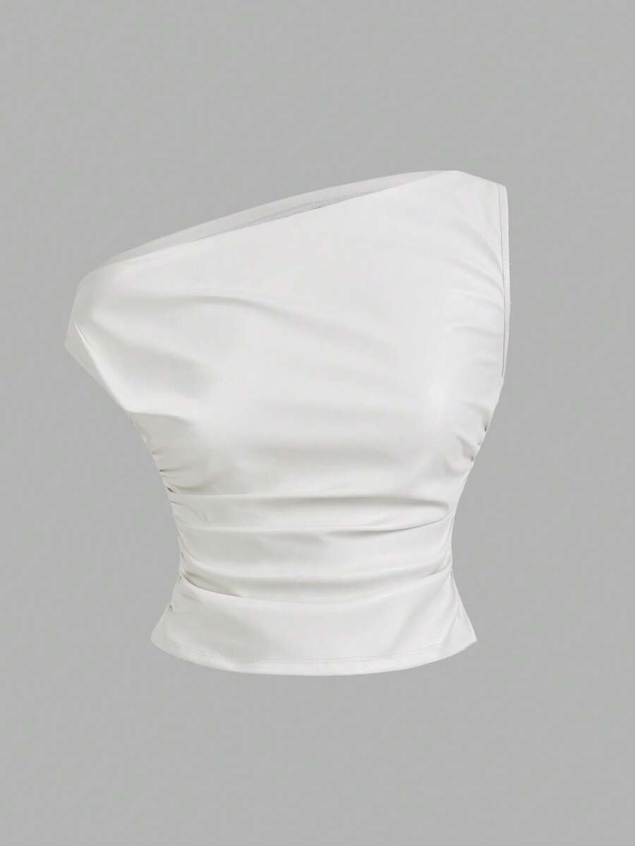 SHEIN Essnce Top de cuero casual de moda para mujer, estilo callejero de los 90, de unicolor, con cuello plisado de PU, sin mangas, apropiado para salir y fiestas, para primavera y otoño