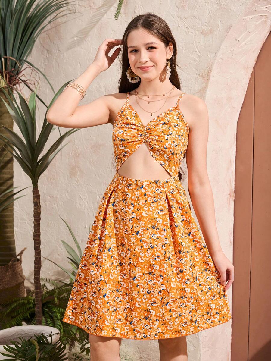 Teen Girl's Floral Print Ruffle Cutout Cami Mini Dress, Holiday Style