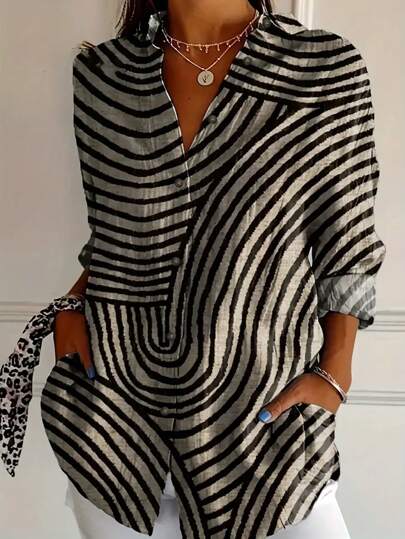 Women's Front Button Long Sleeve Striped Minimalist Shirt, Casual Everyday Wear