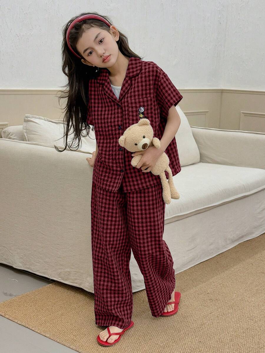 DAZY Conjunto de ropa de casa para niña preadolescente con pantalón largo y manga corta con patrón a cuadros y bordado, para primavera/verano