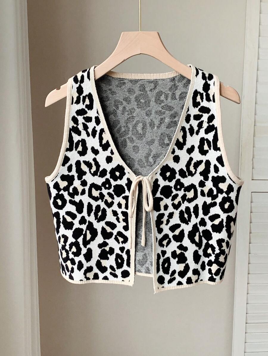Comfortcana Women's Casual Leopard Print Tie-Up Sleeveless Cardigan