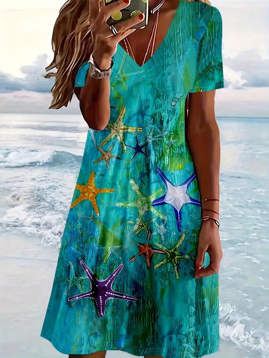 SHEIN LUNE Plus Size Vrouwen Casual Bloemenprint V-hals Jurk, Zomer Vrouwen Outfit, Lente Jurk, Strand Vrouwen Outfits, Vakantie