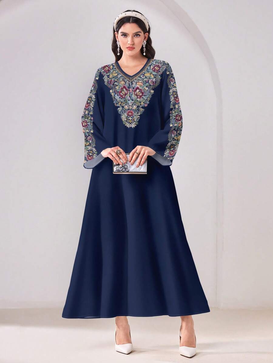 Al Najma Casual Floral Print V-Neck Long Sleeve Modest Arabic Style Dress